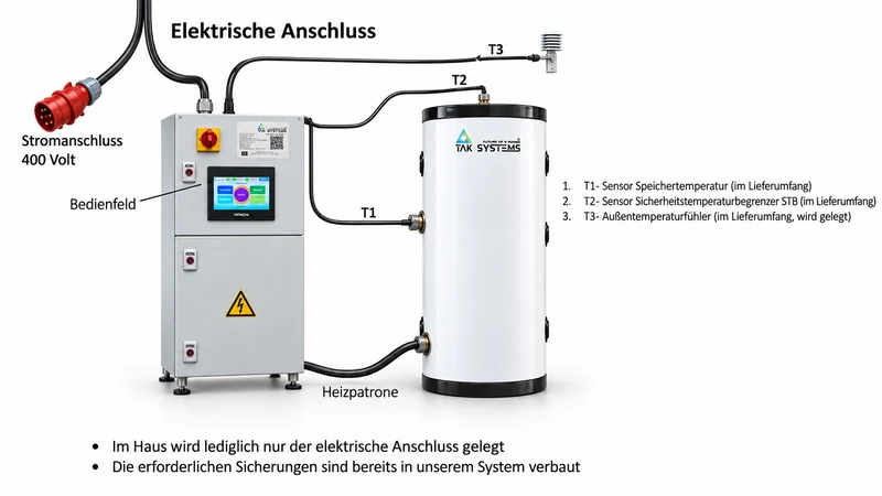 Elektrischer Anschluss mit TAK Systems Wasserspeicher und Schaltschrank