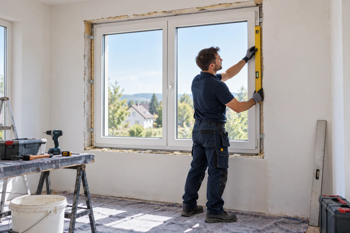Symbolbild: Fachkraft richtet einen Fensterrahmen aus