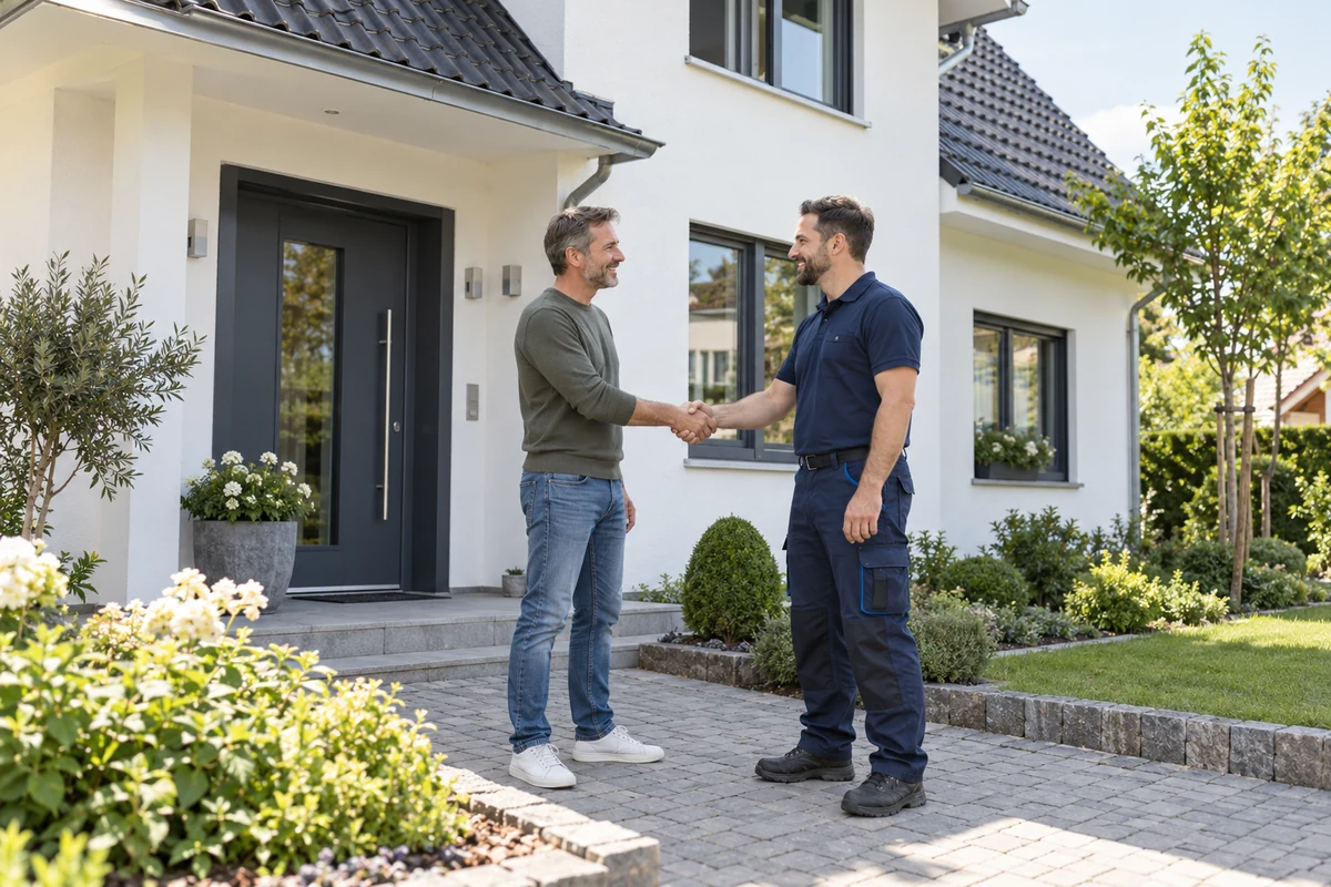 Kunde und Handwerker geben sich vor einem Wohnhaus die Hand